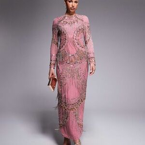 ASOS DESIGN Embellished Fringe Elegant Pink Beaded Women's Maxi Dress